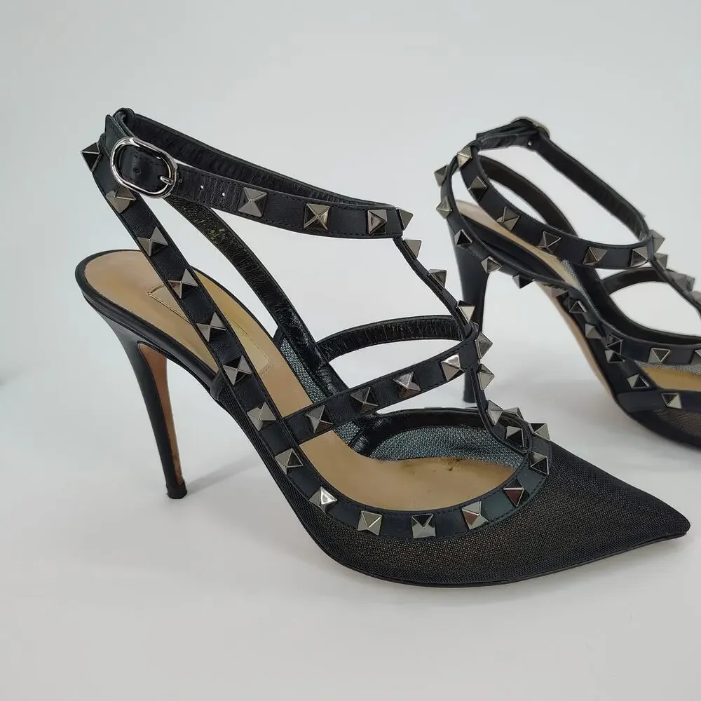 Valentino Garavani Mesh Rockstud Cage T-Strap Pumps Black Size 38 Italy